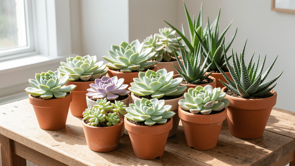 Ahşap masada terracotta saksılara dizilmiş çeşitli sukulentler, pencere ışığında