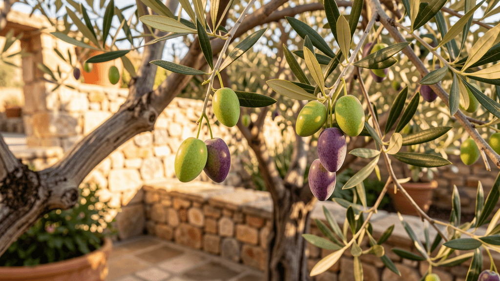 Aceitunas verdes y maduras en una rama de olivo mallorquín