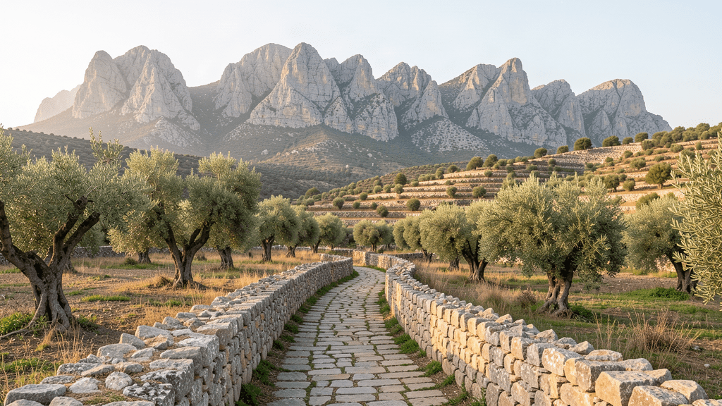 Camino de piedra entre olivares y terrazas de la Serra de Tramuntana