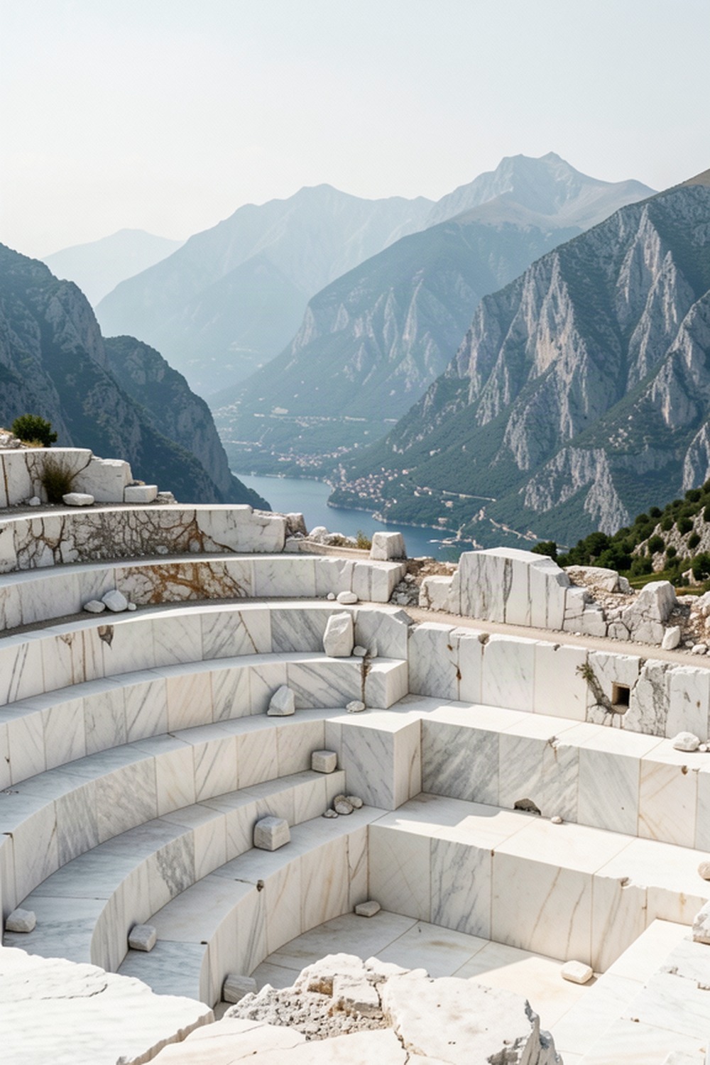 Carrara marble quarry terraces with the Apuan Alps in the distance