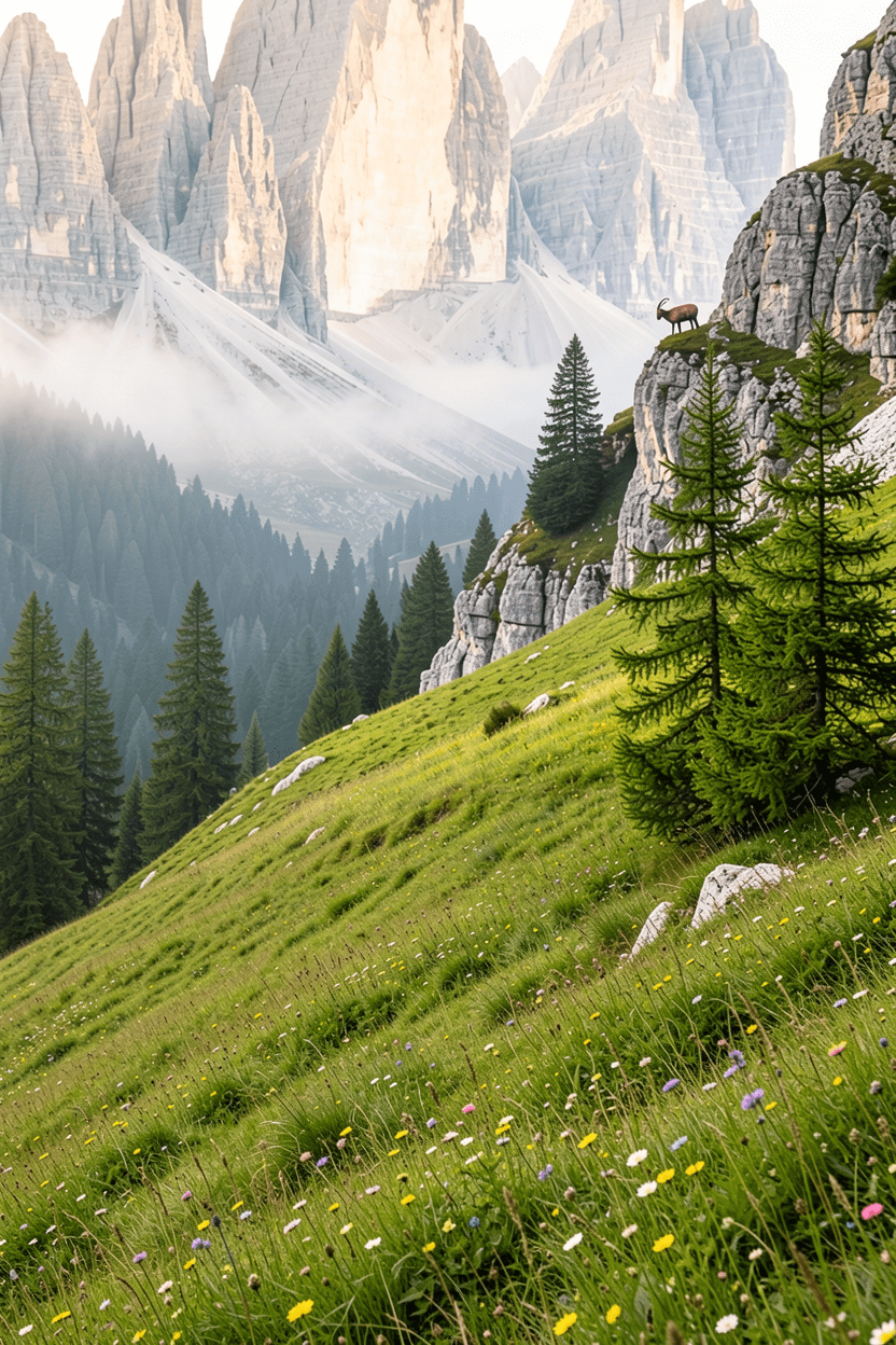 Vertical Dolomites landscape with pale limestone towers above an alpine meadow
