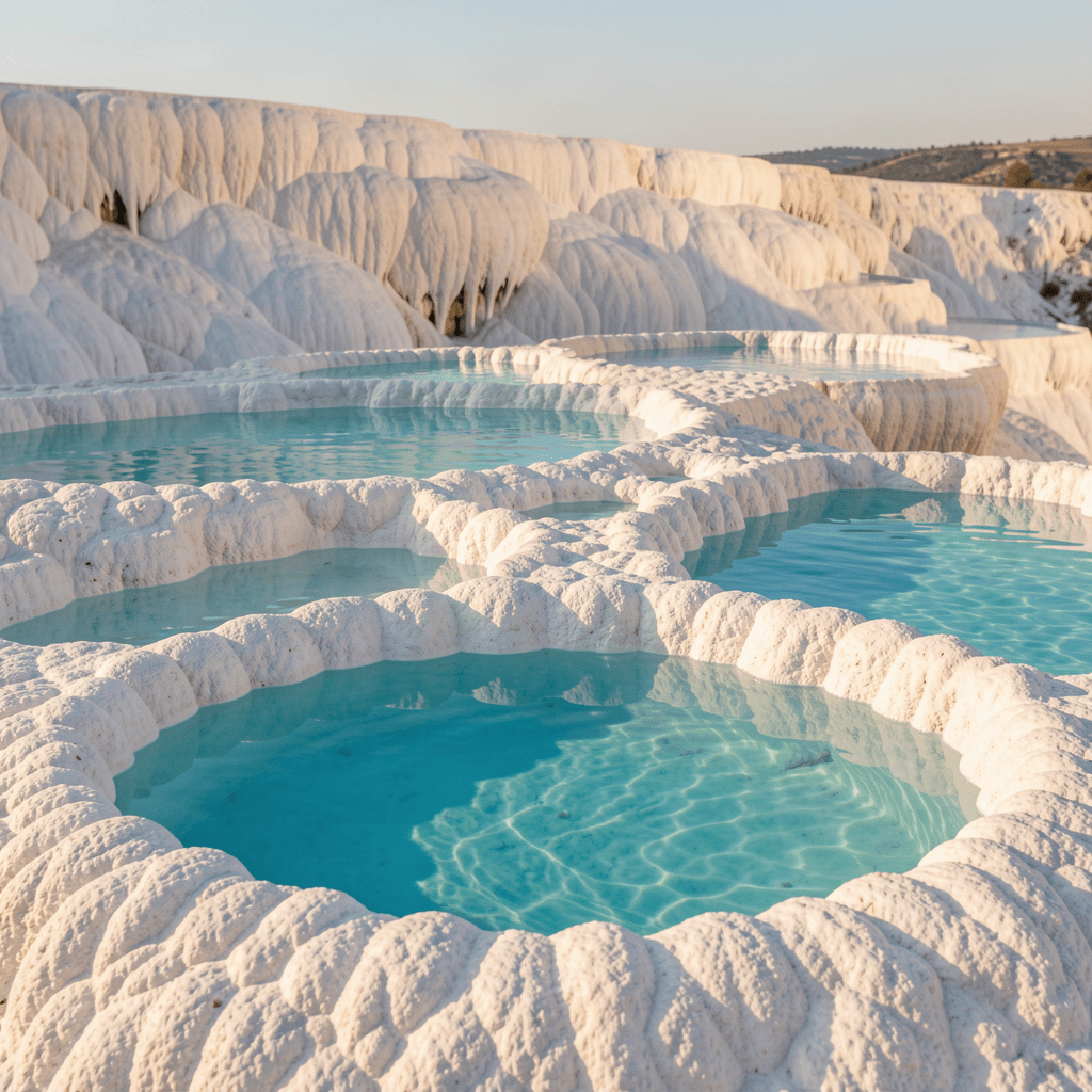 Pamukkale travertenlerinde kalsiyum karbonat çökeltilerinin yakın plan detayı