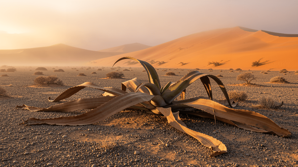 Namib Çölü'nde çakıllı zeminde yayılmış Welwitschia mirabilis, arkada turuncu kum tepeleri