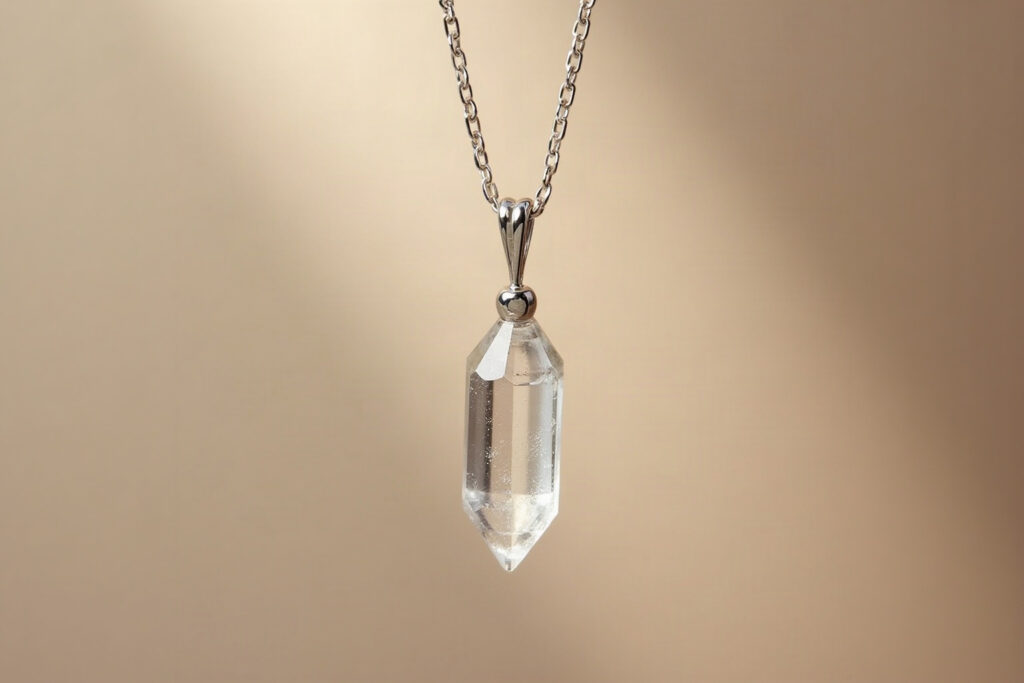 Gold chain necklace with a natural quartz crystal point