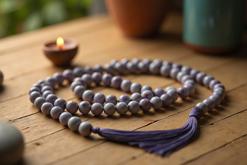 Meditation mala necklace of 108 quartz beads
