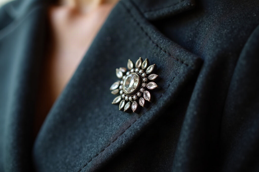 Vintage-style metal brooch with a quartz crystal detail