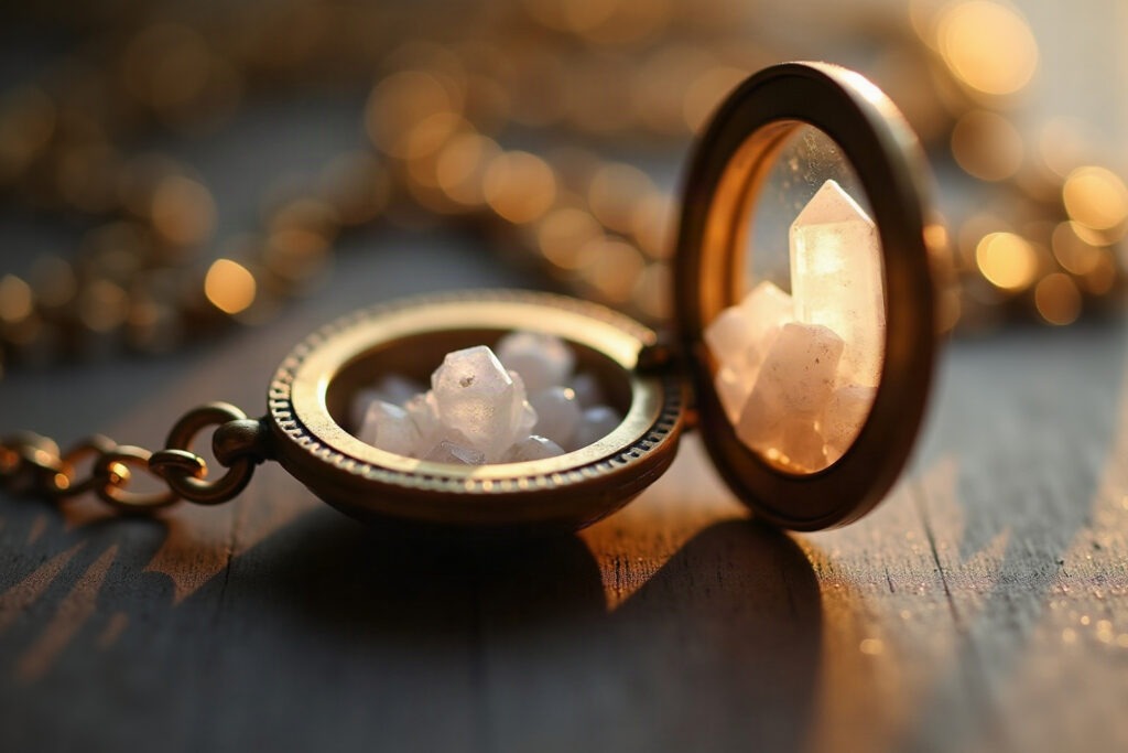 Locket holding tiny raw quartz crystals inside