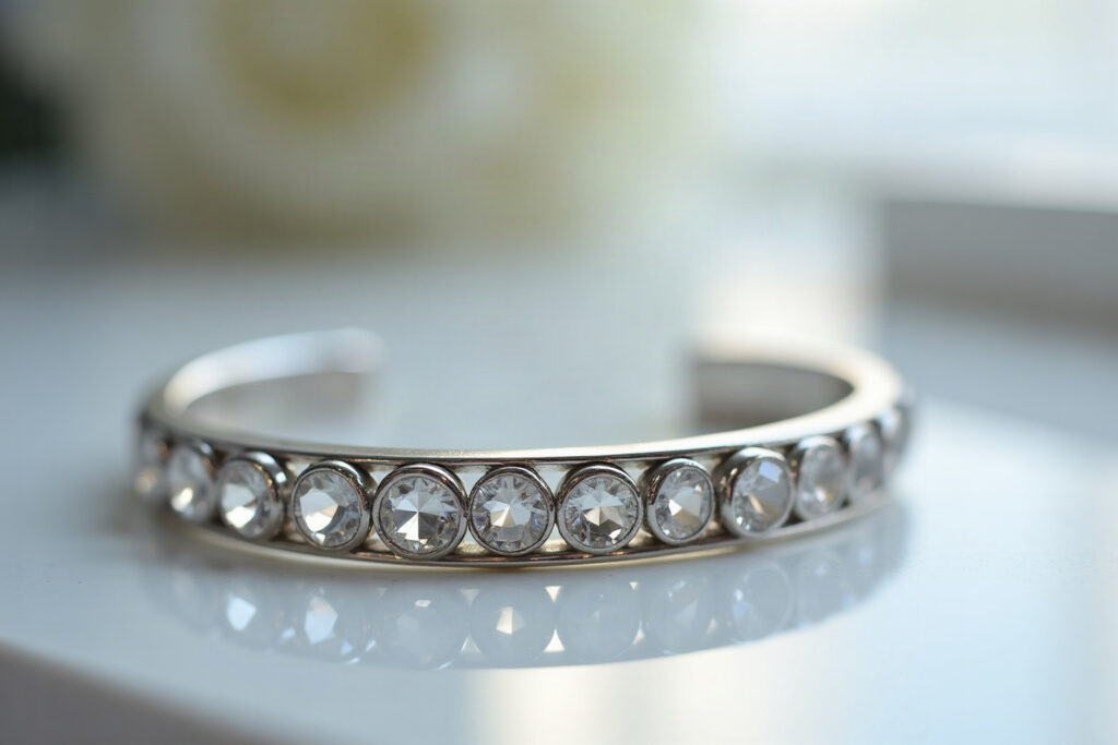 Quartz stone settings worked into a silver cuff bangle
