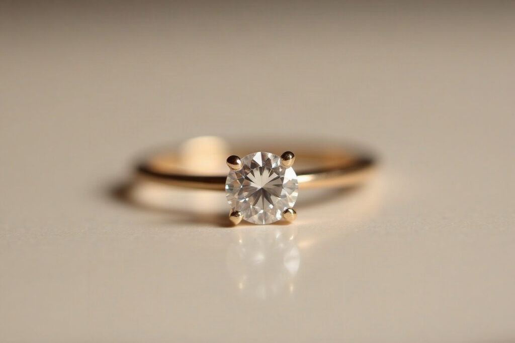 Gold solitaire ring with a prism-faceted clear quartz stone