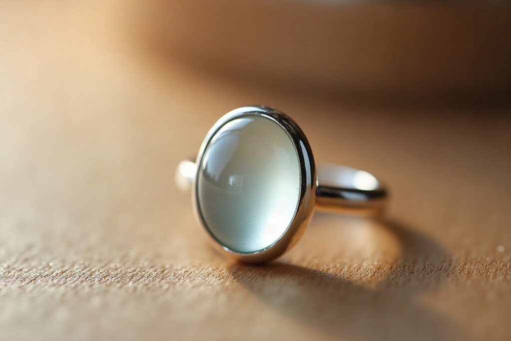 Ring set with a smooth polished quartz cabochon