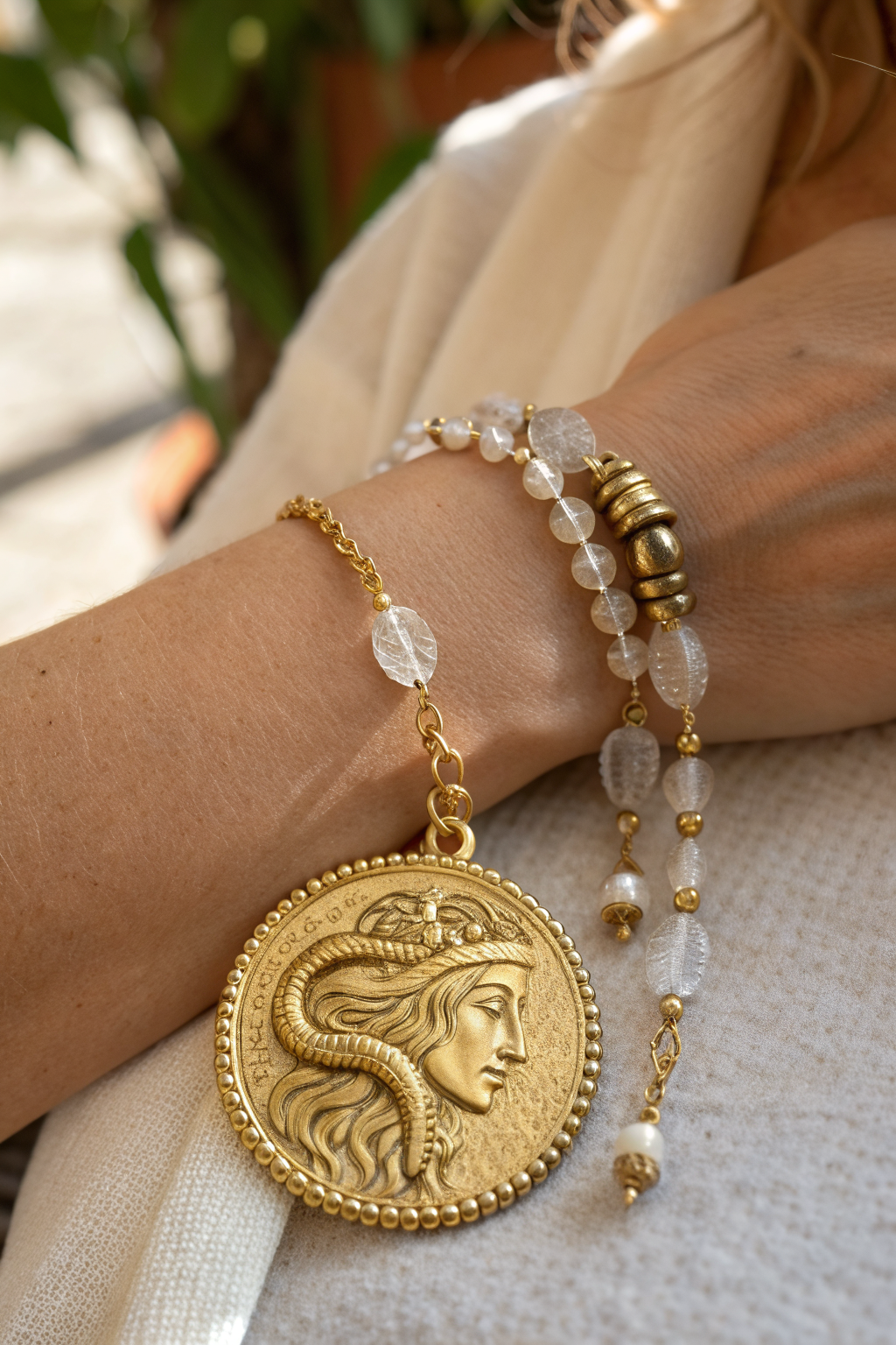 Quartz bead hand chain with a Shahmaran motif