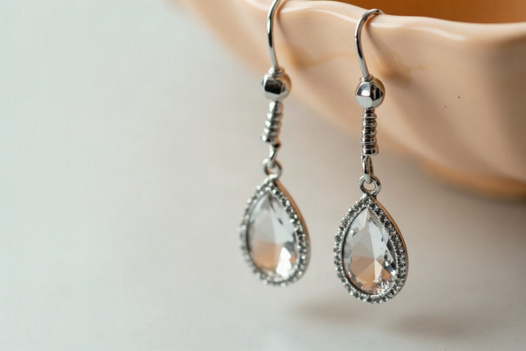 Silver drop earrings with teardrop-cut quartz stones