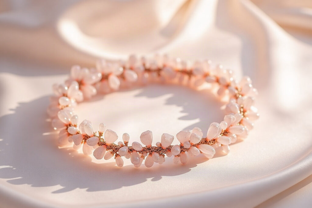 Bridal hair crown with clear and pink quartz crystals