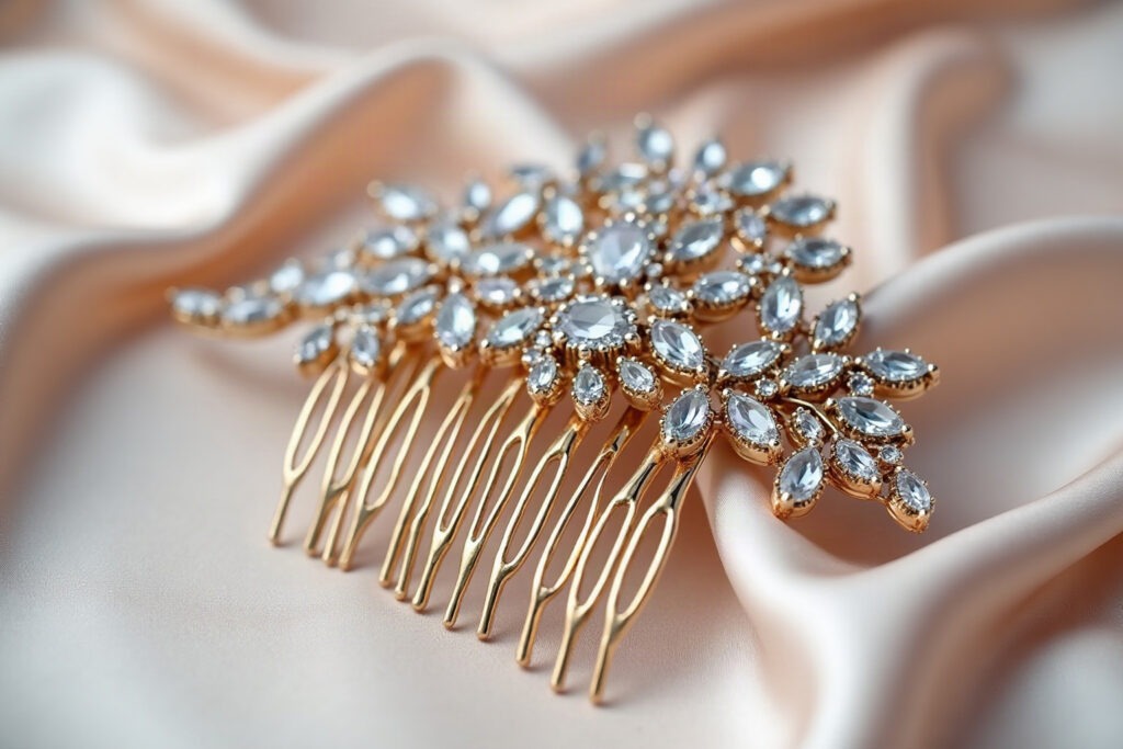 Metal hair comb with a quartz crystal detail