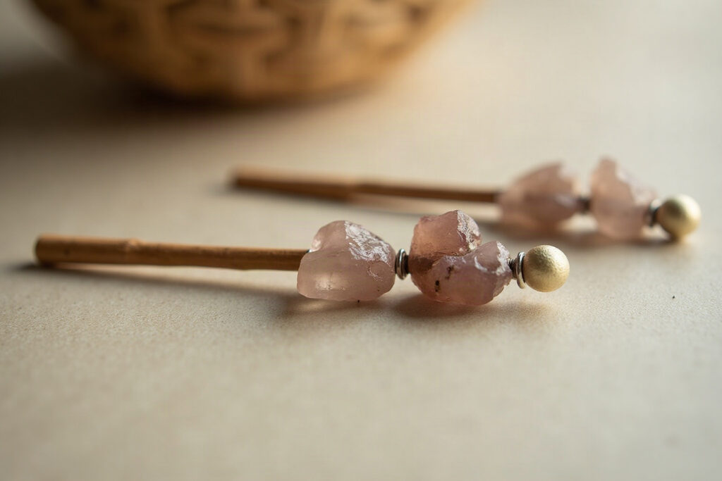 Metal hair pin topped with a raw quartz cluster
