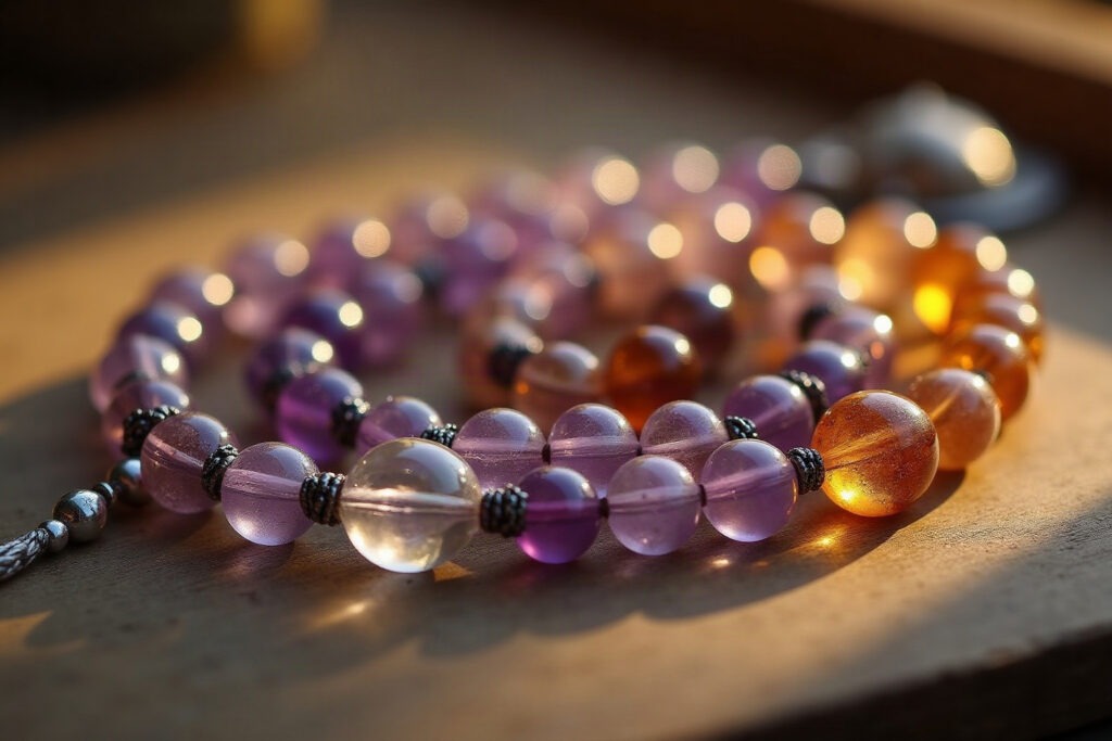 Silver-tasselled prayer beads with quartz, amethyst and citrine beads