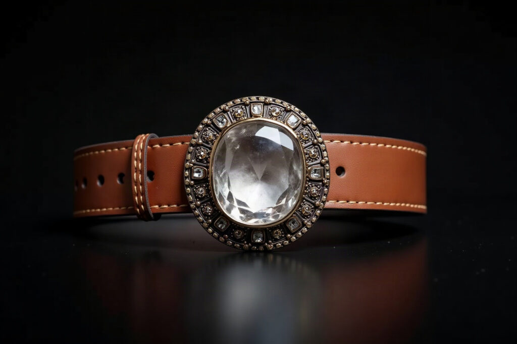 Leather belt buckle centred on a large quartz stone
