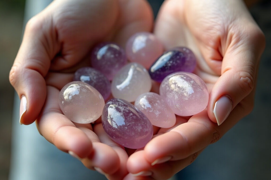 Tumbled pocket stones in clear, pink and amethyst quartz