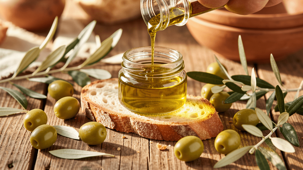 Aceite de oliva virgen extra vertido sobre pan rústico con aceitunas